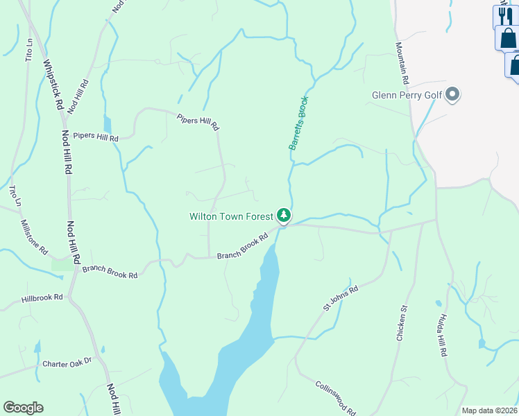 map of restaurants, bars, coffee shops, grocery stores, and more near 42 Pipers Hill Road in Wilton