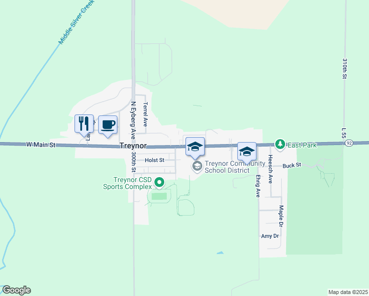 map of restaurants, bars, coffee shops, grocery stores, and more near 48a East Main Street in Treynor