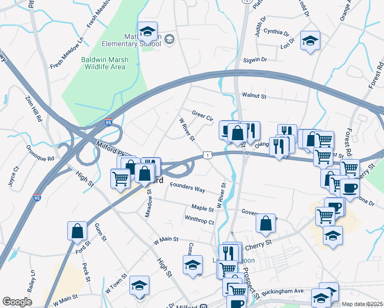 map of restaurants, bars, coffee shops, grocery stores, and more near 684 Boston Post Road in Milford