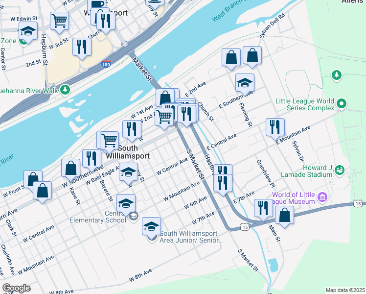 map of restaurants, bars, coffee shops, grocery stores, and more near 345-359 South Howard Street in South Williamsport