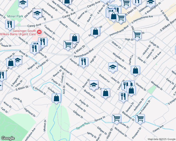 map of restaurants, bars, coffee shops, grocery stores, and more near 108 Parrish Street in Wilkes-Barre