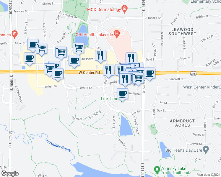 map of restaurants, bars, coffee shops, grocery stores, and more near 2850 Legacy Commons Plaza in Omaha