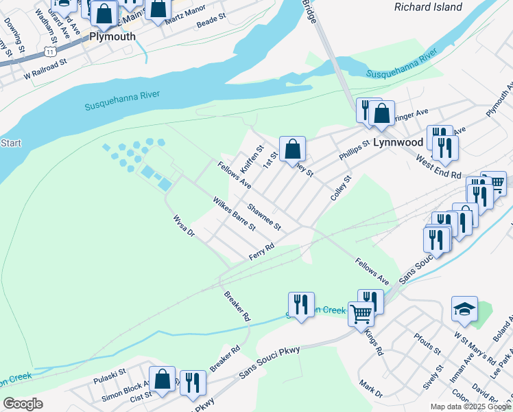 map of restaurants, bars, coffee shops, grocery stores, and more near 585 Shawnee Street in Wilkes-Barre