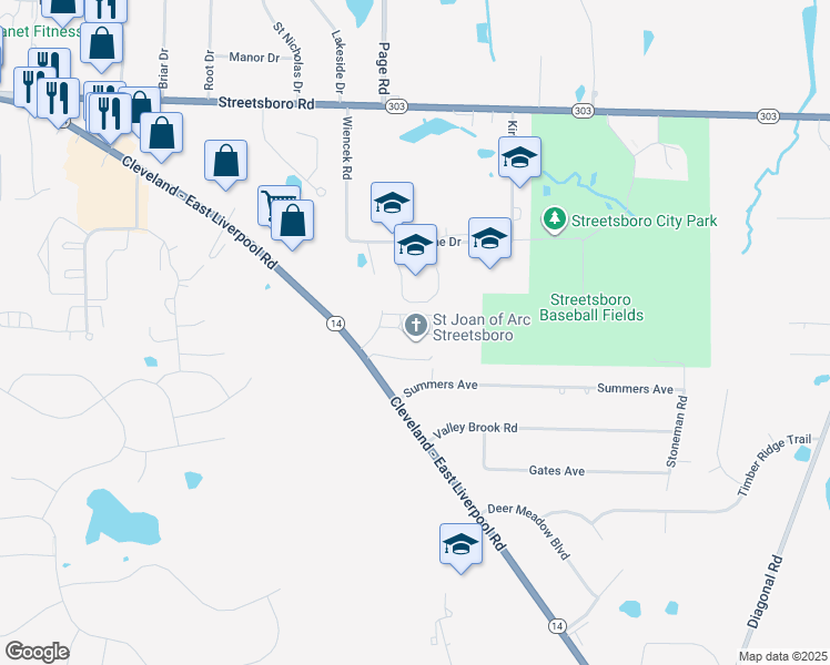 map of restaurants, bars, coffee shops, grocery stores, and more near 8894 Ohio 14 in Streetsboro