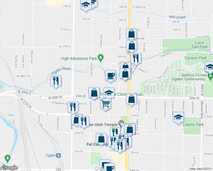 map of restaurants, bars, coffee shops, grocery stores, and more near 1951 Grant Avenue in Ogden