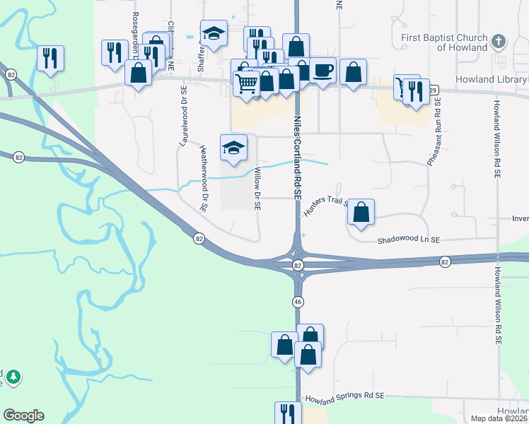 map of restaurants, bars, coffee shops, grocery stores, and more near 551 Willow Drive Southeast in Warren