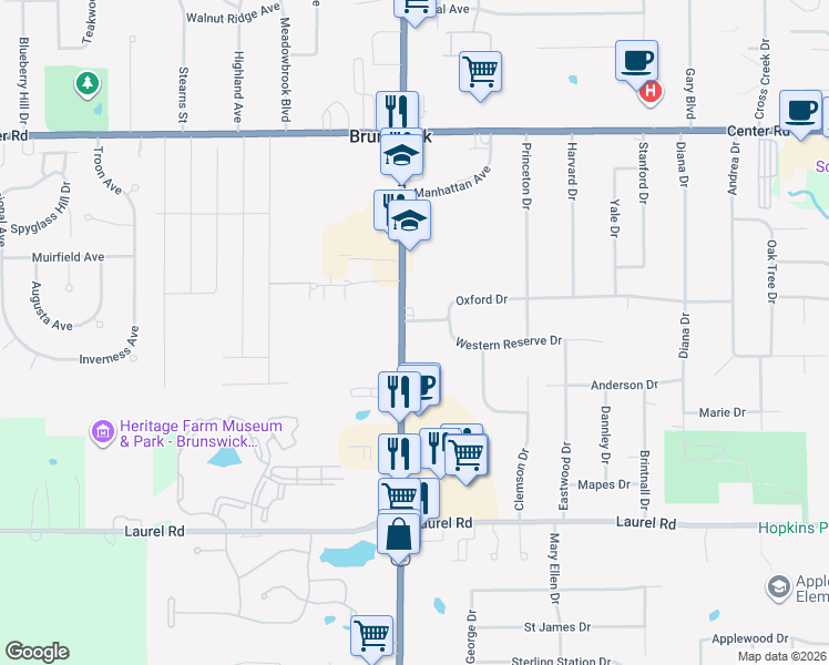 map of restaurants, bars, coffee shops, grocery stores, and more near 1575 Pearl Rd in Brunswick