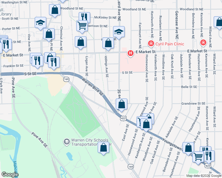map of restaurants, bars, coffee shops, grocery stores, and more near 1219 Belle Street Southeast in Warren