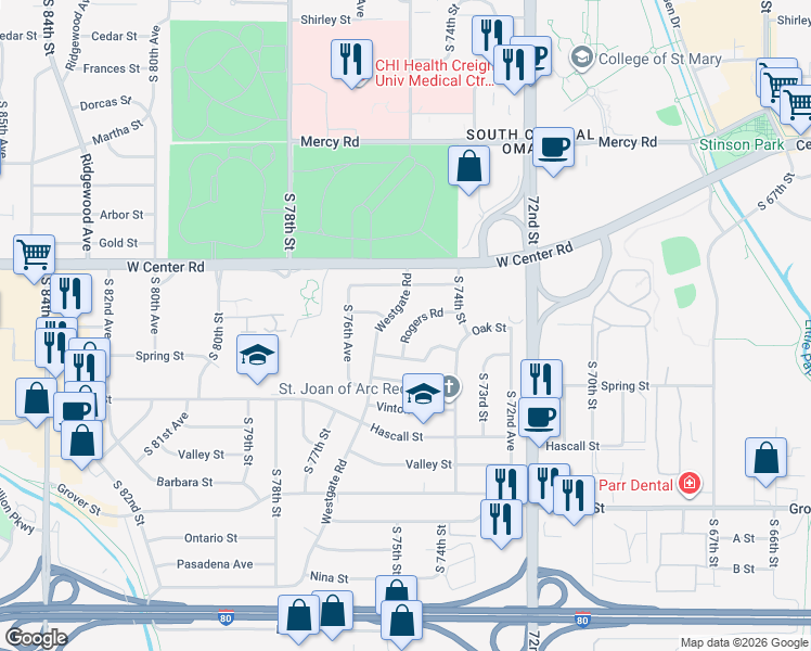 map of restaurants, bars, coffee shops, grocery stores, and more near 7461 Rogers Road in Omaha