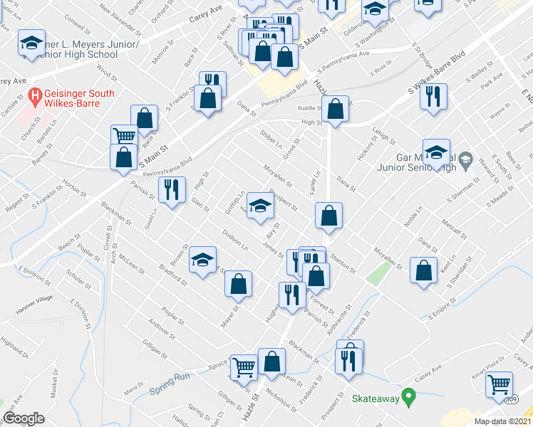 map of restaurants, bars, coffee shops, grocery stores, and more near 1 Airy Street in Wilkes-Barre