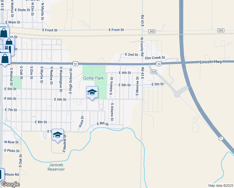 map of restaurants, bars, coffee shops, grocery stores, and more near E 6th St in Kimball
