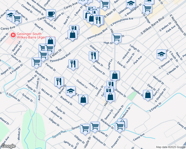 map of restaurants, bars, coffee shops, grocery stores, and more near 11 Airy Street in Wilkes-Barre