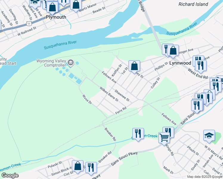 map of restaurants, bars, coffee shops, grocery stores, and more near 606 Shawnee Street in Wilkes-Barre