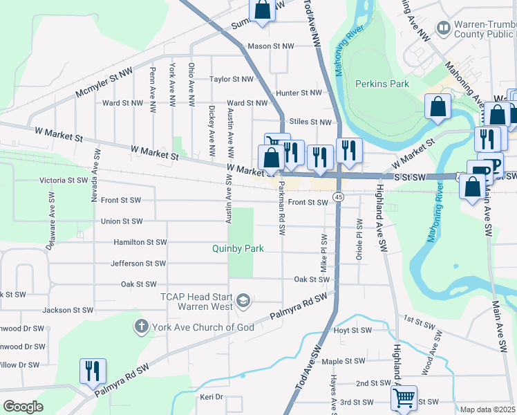 map of restaurants, bars, coffee shops, grocery stores, and more near 1144 Union Street Southwest in Warren