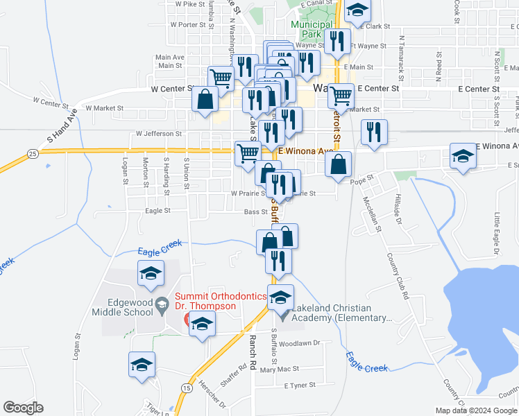 map of restaurants, bars, coffee shops, grocery stores, and more near 630 Bass Street in Warsaw