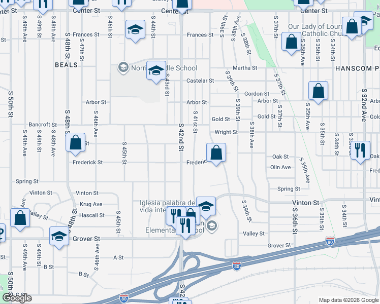 map of restaurants, bars, coffee shops, grocery stores, and more near 4052 Frederick Street in Omaha