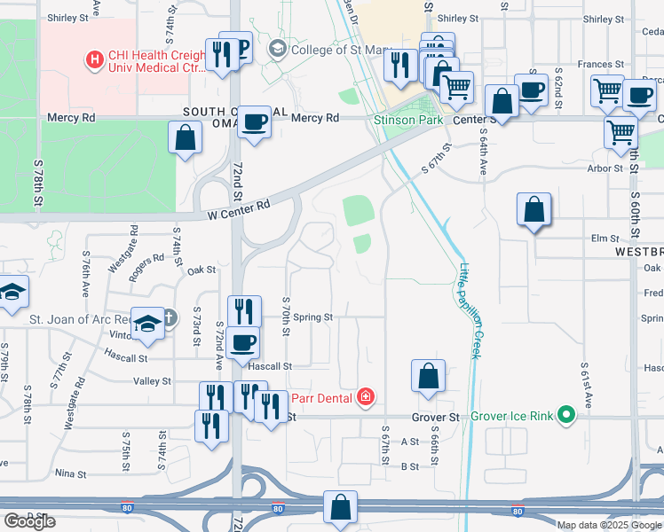 map of restaurants, bars, coffee shops, grocery stores, and more near 6907 Oak Plaza in Omaha