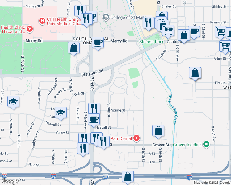 map of restaurants, bars, coffee shops, grocery stores, and more near 3001 South 70th Street in Omaha