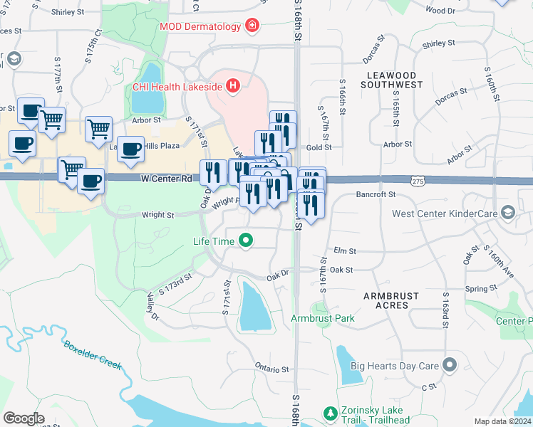map of restaurants, bars, coffee shops, grocery stores, and more near Elm Plaza in Omaha