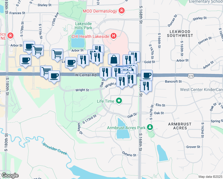 map of restaurants, bars, coffee shops, grocery stores, and more near 2850 Legacy Commons Plaza in Omaha
