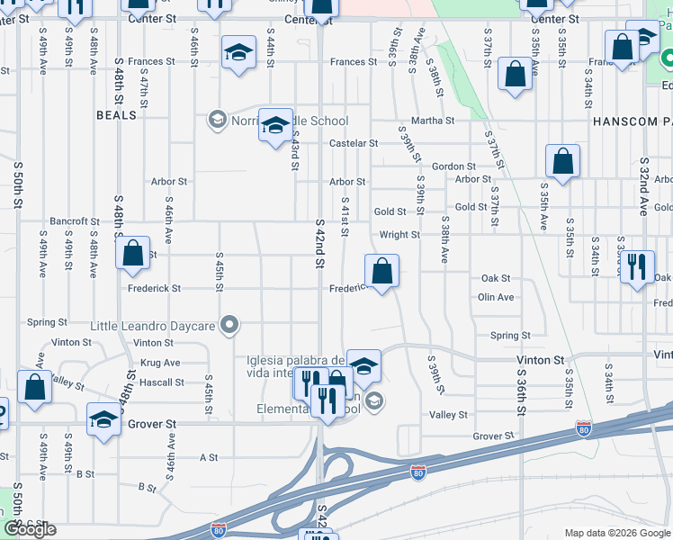 map of restaurants, bars, coffee shops, grocery stores, and more near 4052 Frederick Street in Omaha