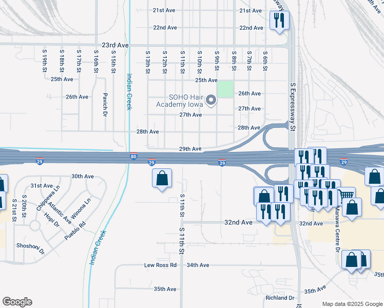 map of restaurants, bars, coffee shops, grocery stores, and more near Interstate 29 in Council Bluffs