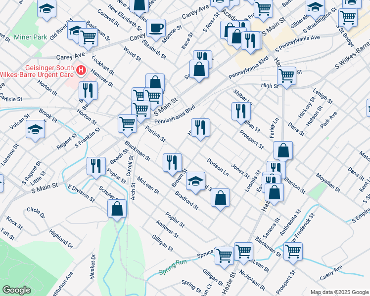 map of restaurants, bars, coffee shops, grocery stores, and more near 108 Parrish Street in Wilkes-Barre