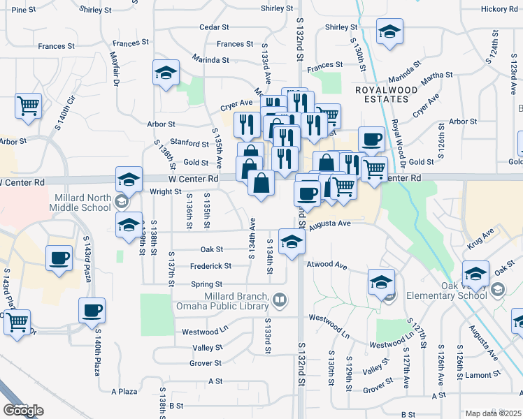 map of restaurants, bars, coffee shops, grocery stores, and more near 13322 Kingswood Drive in Omaha