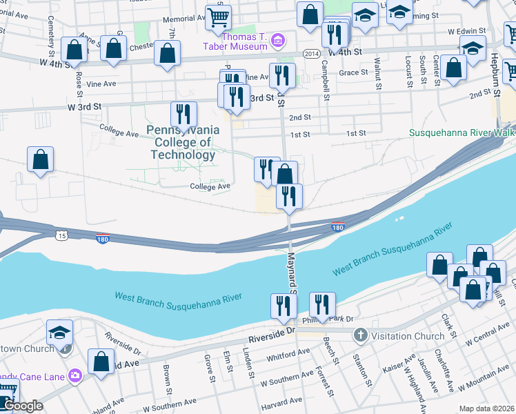 map of restaurants, bars, coffee shops, grocery stores, and more near 1 College Avenue in Williamsport