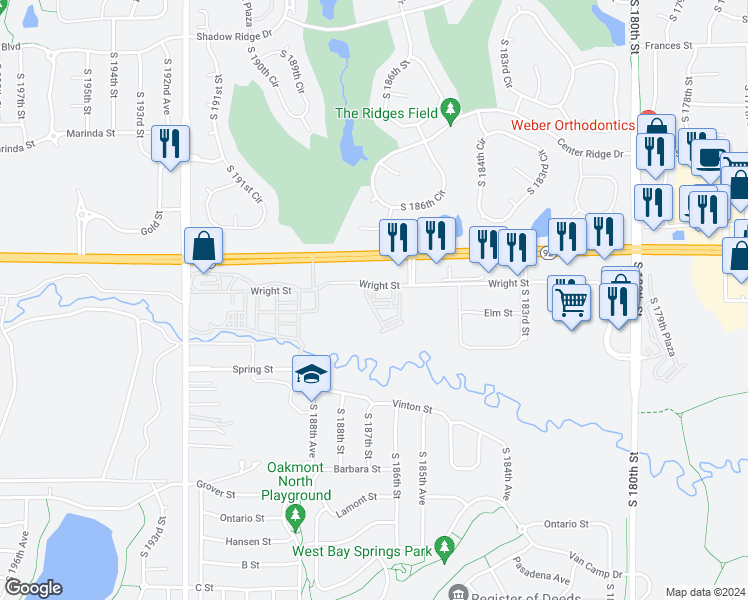 map of restaurants, bars, coffee shops, grocery stores, and more near 18661 Elm Plaza in Omaha