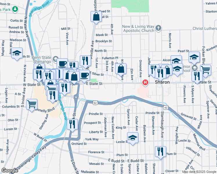 map of restaurants, bars, coffee shops, grocery stores, and more near 422 East State Street in Sharon