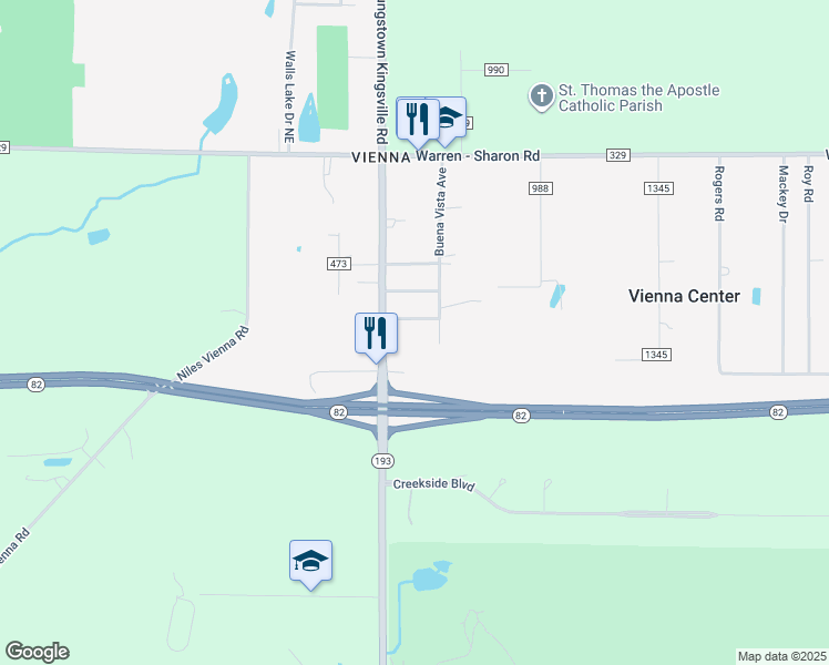 map of restaurants, bars, coffee shops, grocery stores, and more near 493 Youngstown Kingsville Road Southeast in Vienna Center