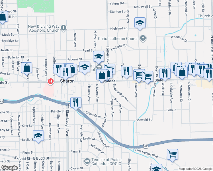 map of restaurants, bars, coffee shops, grocery stores, and more near 39 Spencer Avenue in Sharon