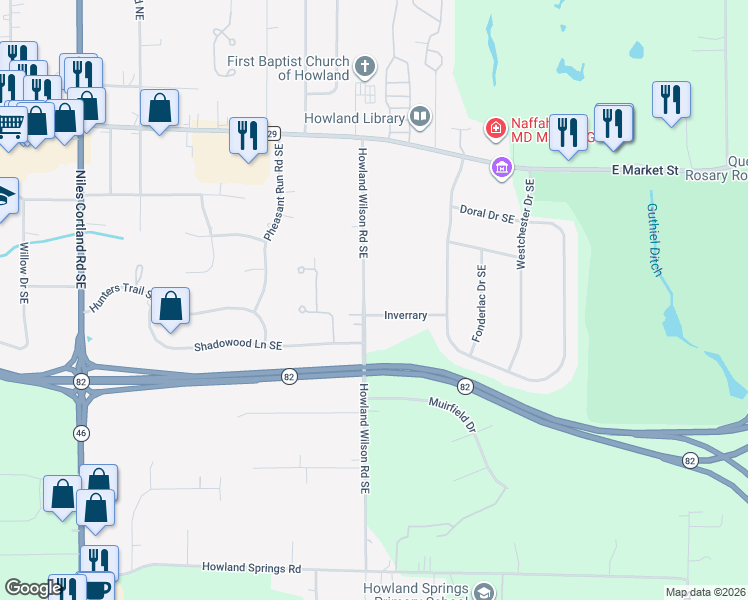 map of restaurants, bars, coffee shops, grocery stores, and more near 493 Howland Wilson Road Southeast in Warren
