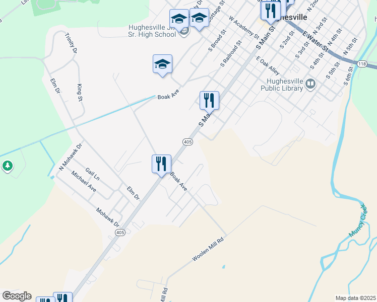map of restaurants, bars, coffee shops, grocery stores, and more near 571 Pennsylvania 405 in Hughesville