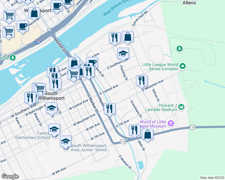 map of restaurants, bars, coffee shops, grocery stores, and more near 425 Main Street in South Williamsport