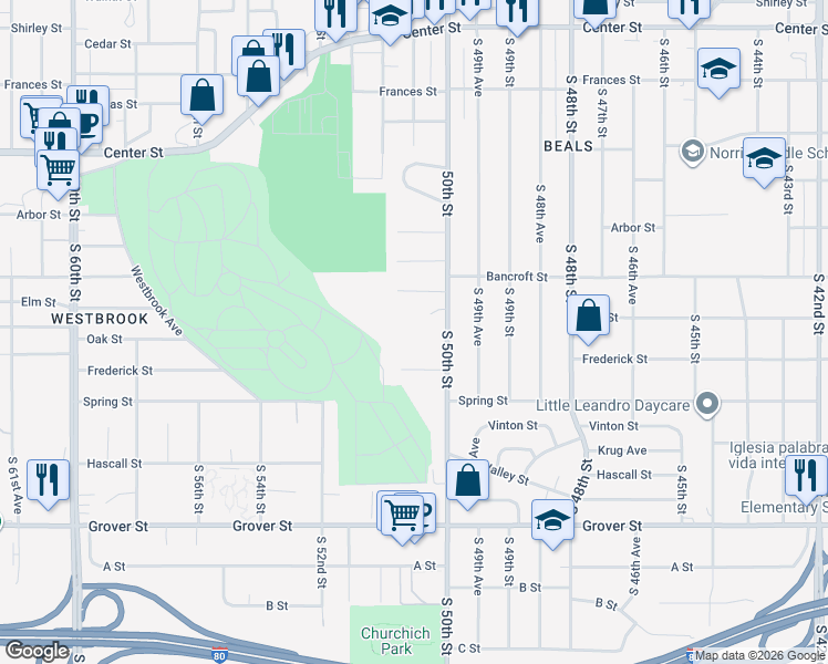 map of restaurants, bars, coffee shops, grocery stores, and more near 2802 South 50th Street in Omaha