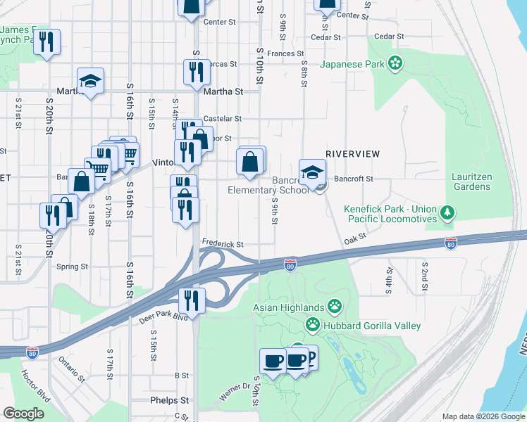 map of restaurants, bars, coffee shops, grocery stores, and more near 2775 South 10th Street in Omaha