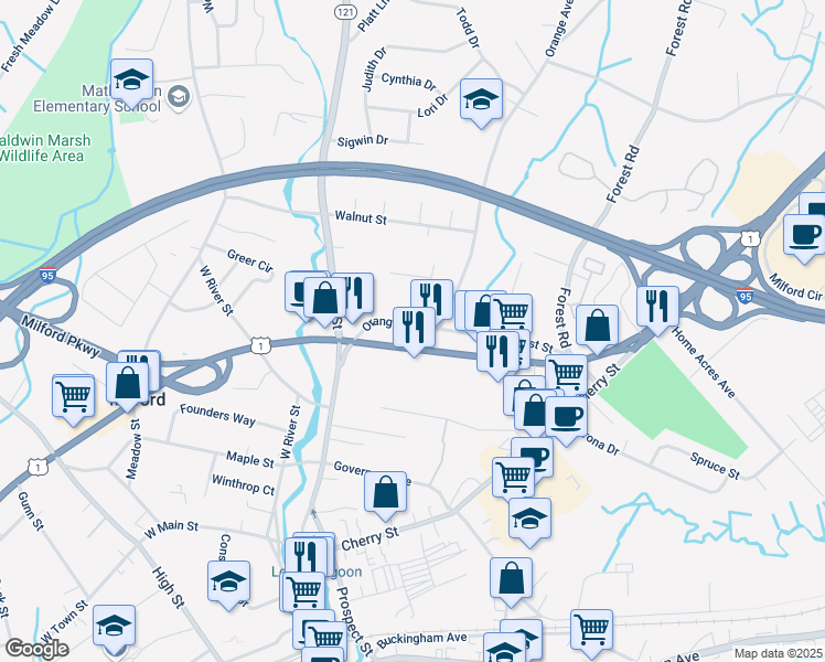 map of restaurants, bars, coffee shops, grocery stores, and more near 71 Orange Avenue in Milford