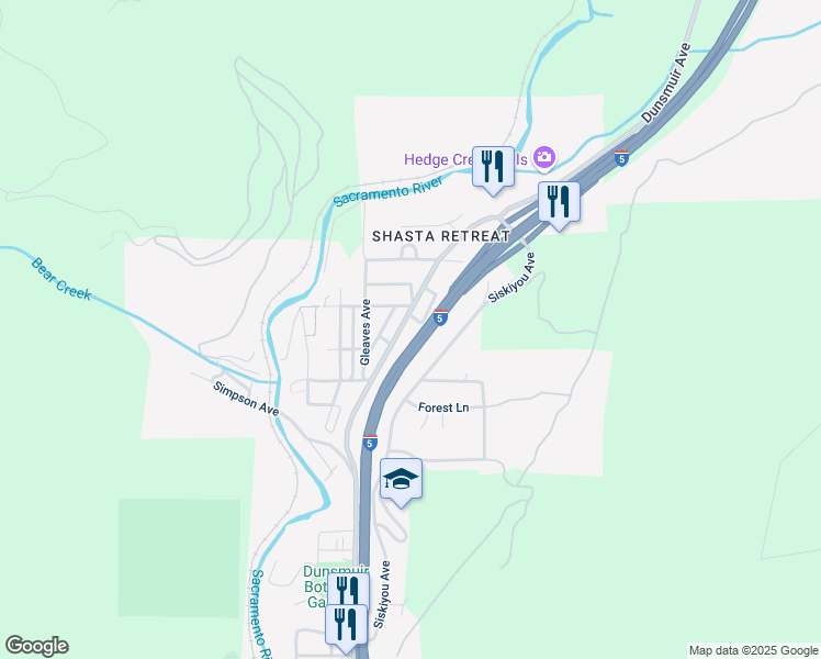 map of restaurants, bars, coffee shops, grocery stores, and more near Cascade Wonderland Hwy in Dunsmuir