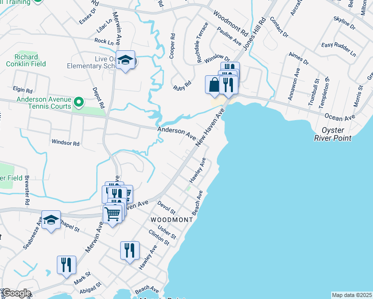 map of restaurants, bars, coffee shops, grocery stores, and more near 11 Warner Street in Milford