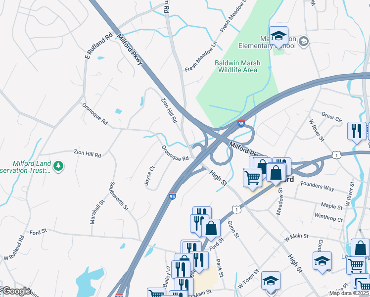 map of restaurants, bars, coffee shops, grocery stores, and more near 25 Oronoque Road in Milford