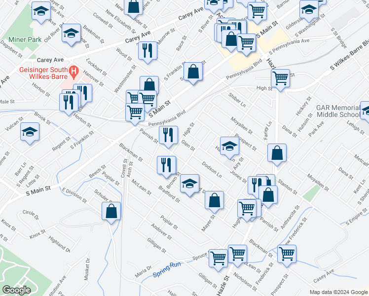 map of restaurants, bars, coffee shops, grocery stores, and more near 87 Brown Street in Wilkes-Barre
