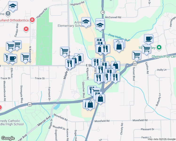 map of restaurants, bars, coffee shops, grocery stores, and more near 1-149 Kilgore Rd in Hermitage