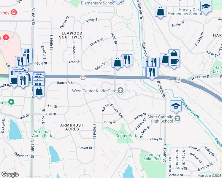 map of restaurants, bars, coffee shops, grocery stores, and more near 2816 South 160th Court in Omaha