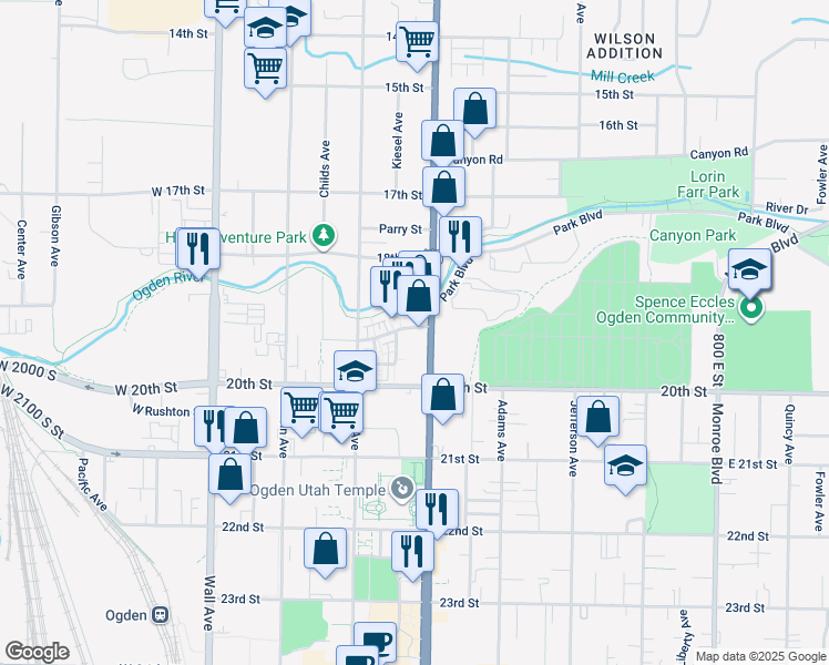 map of restaurants, bars, coffee shops, grocery stores, and more near 1953 Washington Boulevard in Ogden