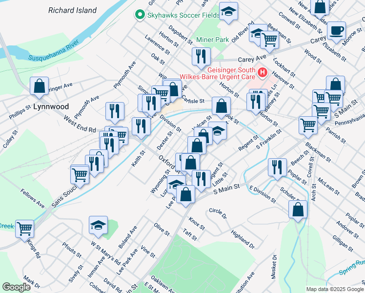 map of restaurants, bars, coffee shops, grocery stores, and more near Wyoming Street in Ashley