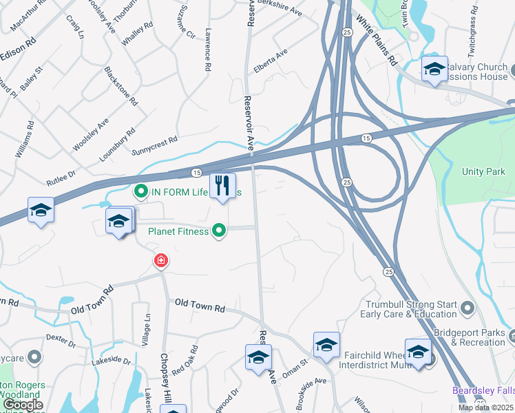 map of restaurants, bars, coffee shops, grocery stores, and more near 2300 Reservoir Avenue in Trumbull