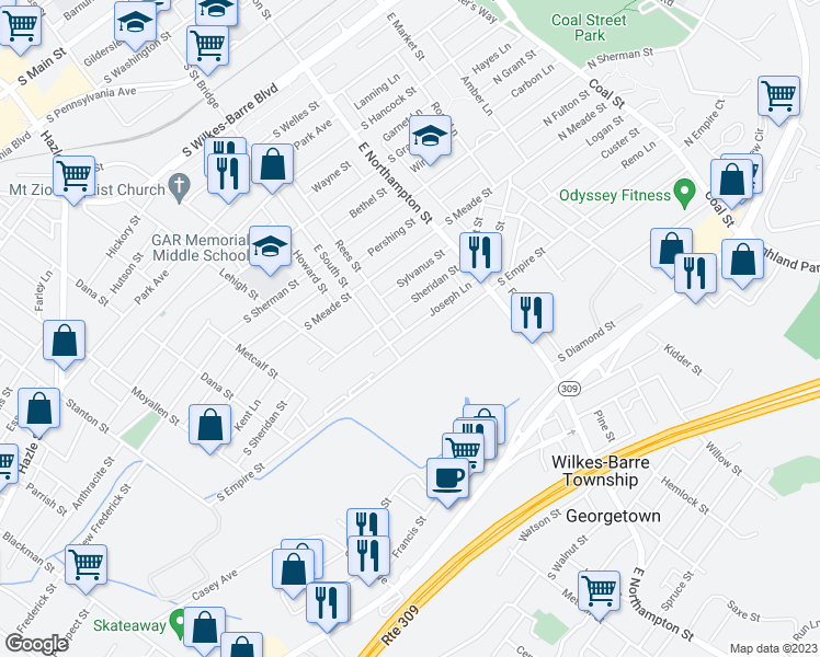 map of restaurants, bars, coffee shops, grocery stores, and more near 92 Joseph Lane in Wilkes-Barre