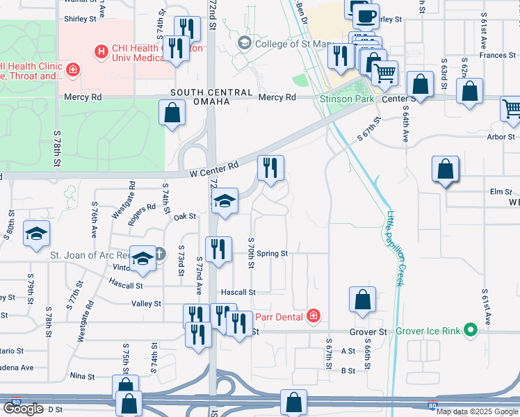 map of restaurants, bars, coffee shops, grocery stores, and more near 6928 Oak Plaza in Omaha
